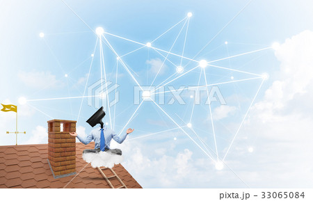 Concept of security and privacy protection with camera headed man meditating Concept of security and privacy protection with camera headed man meditating 33065084