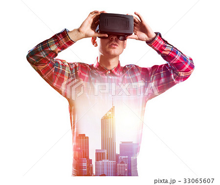 Guy wearing checked shirt and virtual mask demonstrating some emotions 33065607