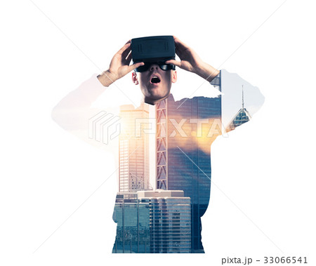 Guy wearing checked shirt and virtual mask demonstrating shock o Guy wearing checked shirt and virtual mask demonstrating shock o 33066541