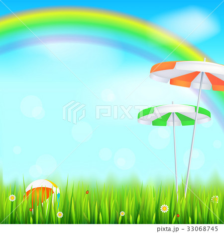 Summer background. Big bright rainbow above green Summer background. Big bright rainbow above green 33068745