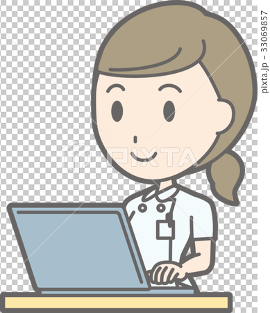 白衣を着た看護師がノートパソコンを操作しているイラストのイラスト素材