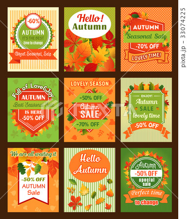 Autumn season sale retro banner and tag set design Autumn season sale retro banner and tag set design 33074225