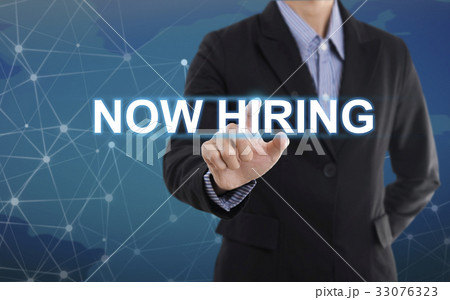 hand pressing button Now hiring. sign on virtual  33076323