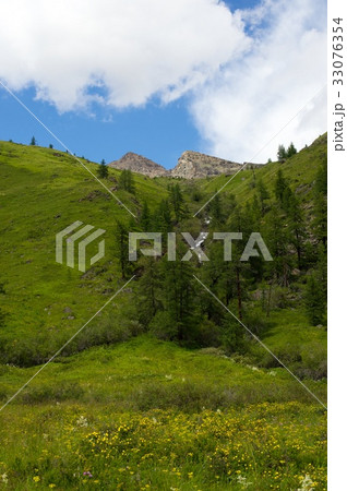 Beautiful sunny valley between mountains with lush Beautiful sunny valley between mountains with lush 33076354