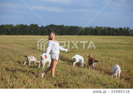 Woman and goats are walking around the field. 33080216