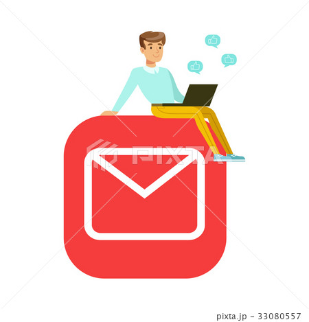 Young man sitting on a big mobile app symbol and Young man sitting on a big mobile app symbol and 33080557