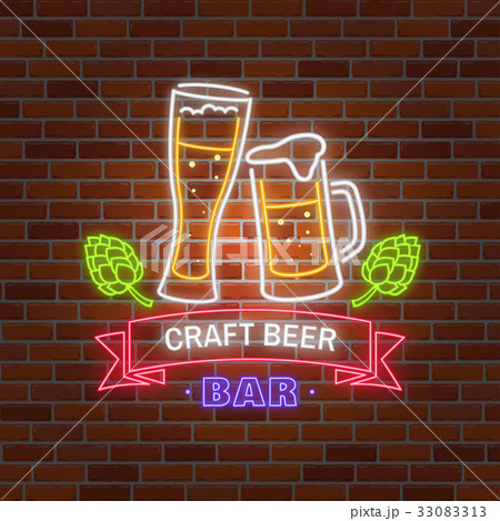 Retro neon Beer Bar sign on brick wall background. 33083313