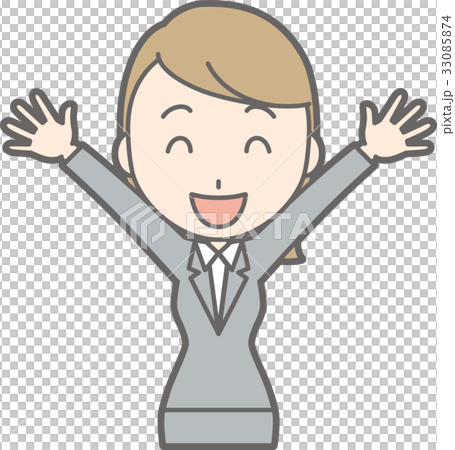 Illustration of a young woman in a suit laughing with her hands open 33085874