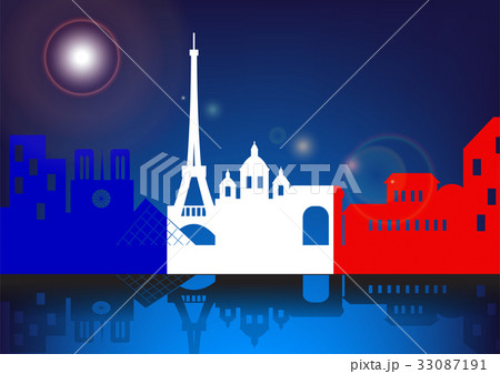 silhouette skyline Paris by night with French flag 33087191