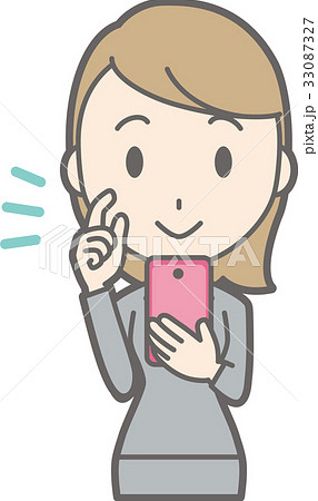 スーツを着た若い女性がスマートフォンを持って微笑んでいるイラスト スーツを着た若い女性がスマートフォンを持って微笑んでいるイラスト 33087327