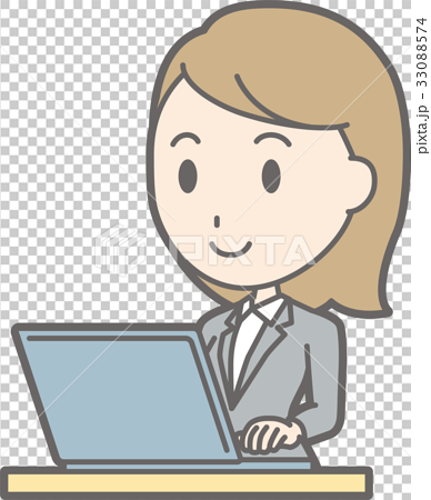 スーツを着た若い女性がパソコンを操作しているイラストのイラスト素材