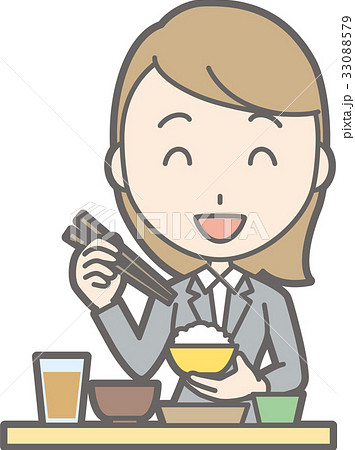 スーツを着た若い女性が和食を食べているイラストのイラスト素材
