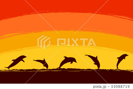 Silhouette jumping dolphin in ocean at sunset sky 33088719