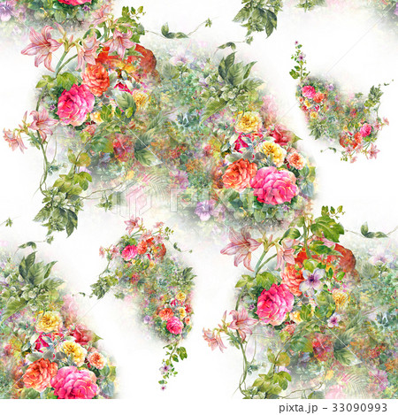 Watercolor painting of leaf and flowers, pattern 33090993