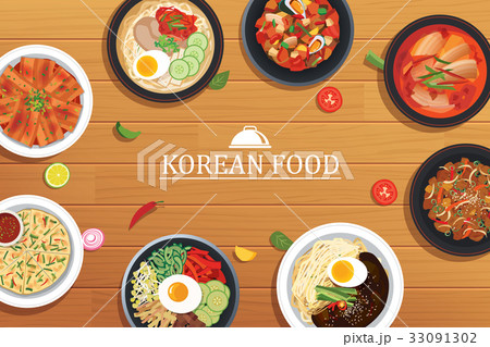 korean food on a wooden table background. korean food on a wooden table background. 33091302
