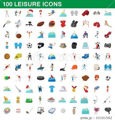 100 leisure icons set, cartoon style 33101562