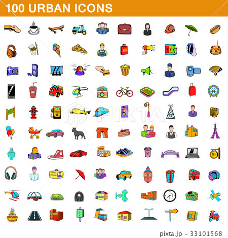 100 urban icons set, cartoon style  33101568