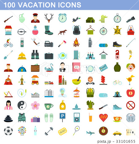 100 vacation icons set, flat style 100 vacation icons set, flat style 33101655