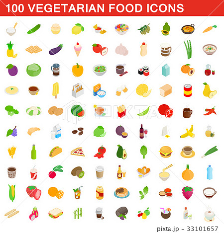 100 vegetarian food icons set, isometric 3d style 33101657