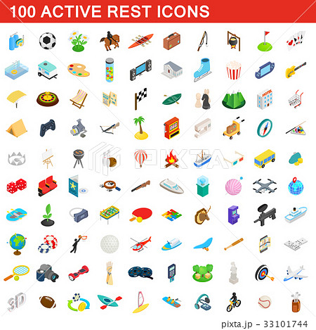 100 active rest icons set, isometric 3d style 33101744