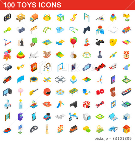 100 toys icons set, isometric 3d style 33101809