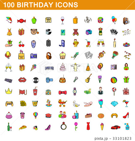100 birthday icons set, cartoon style 100 birthday icons set, cartoon style 33101823