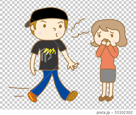 歩きタバコをしている男性と迷惑している女性 歩きタバコをしている男性と迷惑している女性 33102302