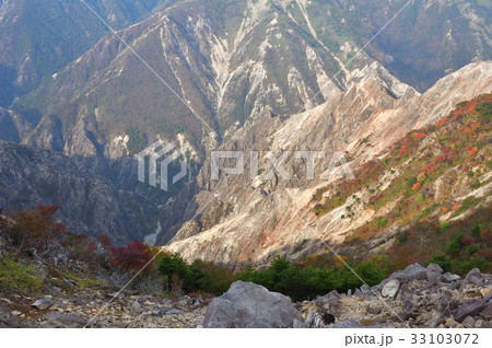 足尾鉱毒の傷跡残る渡良瀬川源流の山　荒々しいウメコバ沢を俯瞰する 33103072