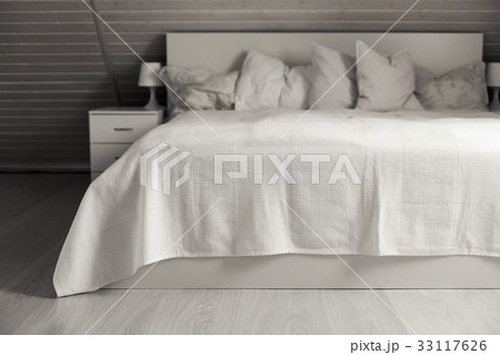 White nordic bedroom interior with knit plaid White nordic bedroom interior with knit plaid 33117626