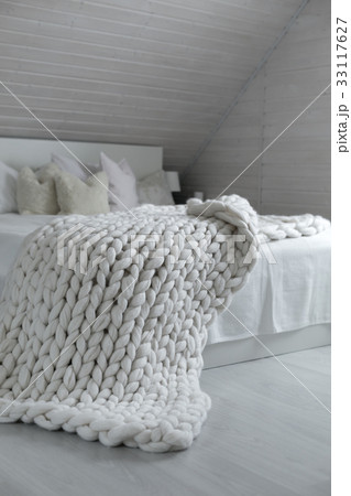 White nordic bedroom interior with knit plaid White nordic bedroom interior with knit plaid 33117627