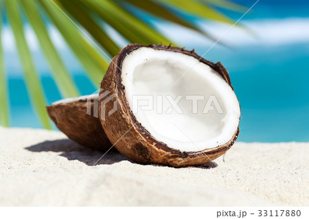 Broken brown coconut on sandy beach Broken brown coconut on sandy beach 33117880