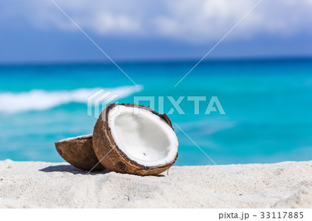 Broken brown coconut on sandy beach Broken brown coconut on sandy beach 33117885