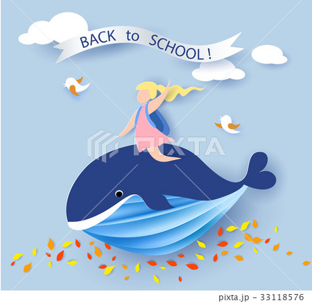 Card with kids sitting on whale flying on blue sky 33118576