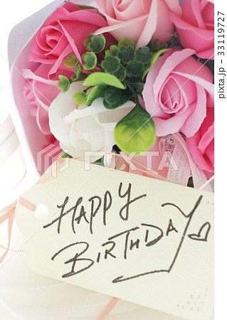 ソープ花と誕生日カードの写真素材