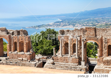 view of ruined Teatro Greco and Ionian Sea coast view of ruined Teatro Greco and Ionian Sea coast 33122086