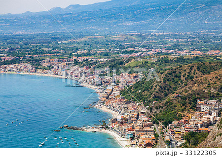 view of Giardini Naxos town on Ionian Sea beach 33122305