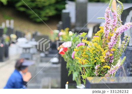 お墓参り お盆の供え物の花の写真素材