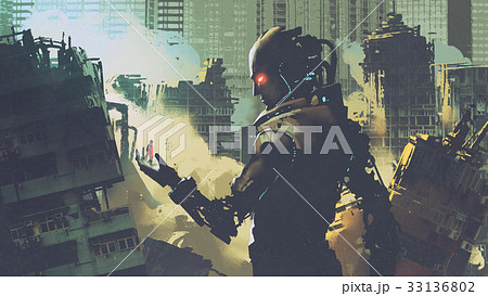 giant robot looking at woman on its hands 33136802