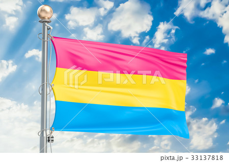 Pansexual pride flag waving in blue cloudy sky Pansexual pride flag waving in blue cloudy sky 33137818