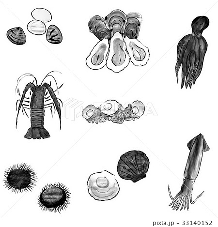 魚介類セット（2） ＜水墨画の魚介類＞のイラスト素材