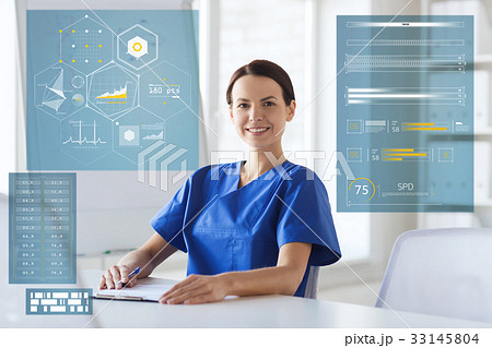 happy doctor or nurse with clipboard at hospital happy doctor or nurse with clipboard at hospital 33145804