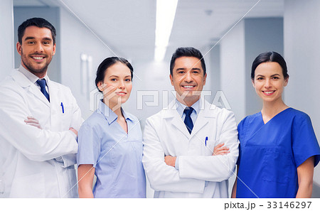 happy group of medics or doctors at hospital 33146297