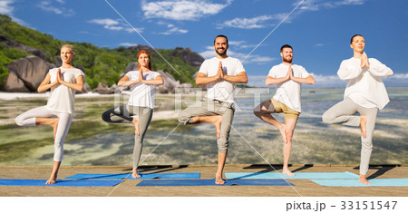 people making yoga in tree pose on mats outdoors people making yoga in tree pose on mats outdoors 33151547