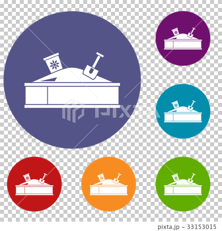 Sandbox with bucket and shovel icons set Sandbox with bucket and shovel icons set 33153015