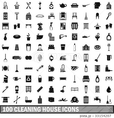 100 cleaning house icons set, simple style 33154207