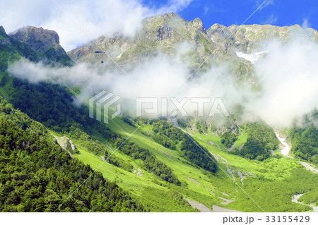 霧の穂高連峰を飛ぶヘリコプター 33155429