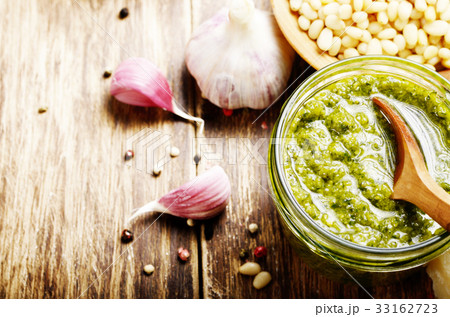 Top view of Pesto sauce and ingredients  33162723
