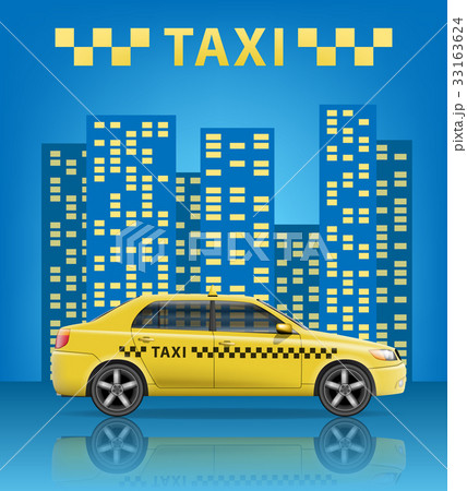 Realistic Taxi car with blue city background. City 33163624
