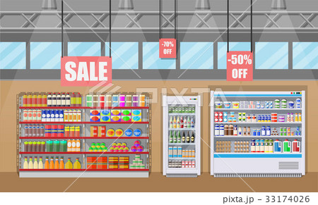 Supermarket store interior with goods. 33174026