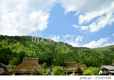 美山、北山杉を背景にかやぶき屋根 美山、北山杉を背景にかやぶき屋根 33185488